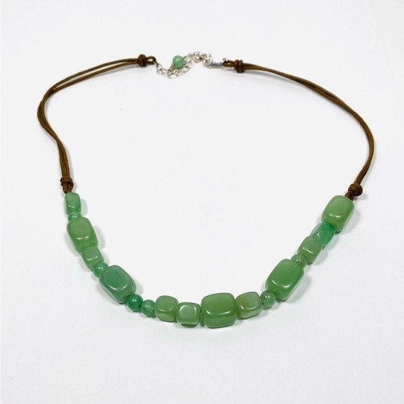 Necklace Jadeite Green Stones Brown Leather 925 Findings 17.5”+4” - Picture 13 of 15